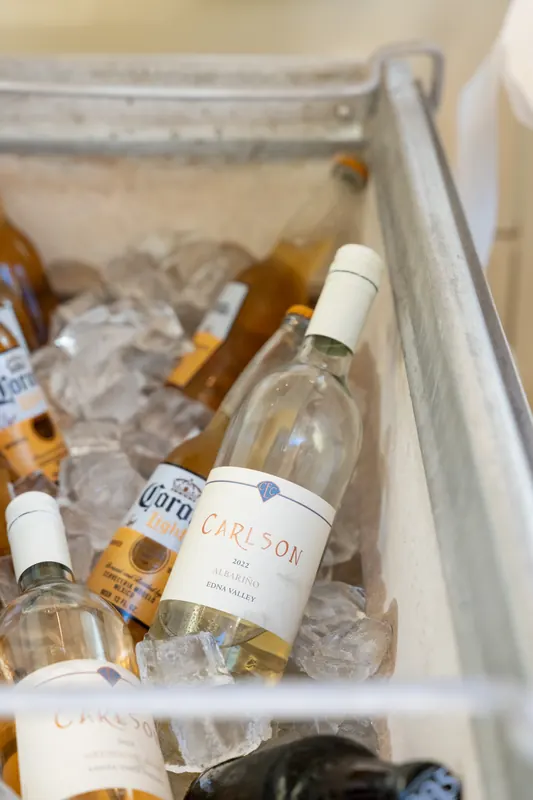 Bottles of white wine and beer chilling on ice